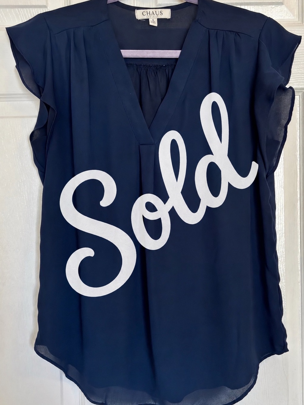 Chaus Navy Blue Ruffle Sleeve Blouse Size S